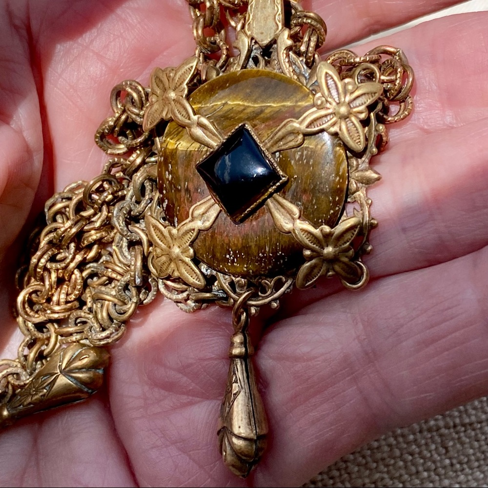 VTG Jan Michaels Tigers Eye & Black Onyx Pendant Necklace on Long Chain - Picture 4 of 10